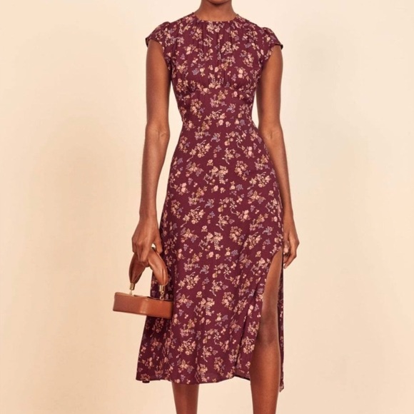 Women's Burgundy Floral Pattern Reformation Fauna Dress in Chantelle. Size 0 - Picture 3 of 16